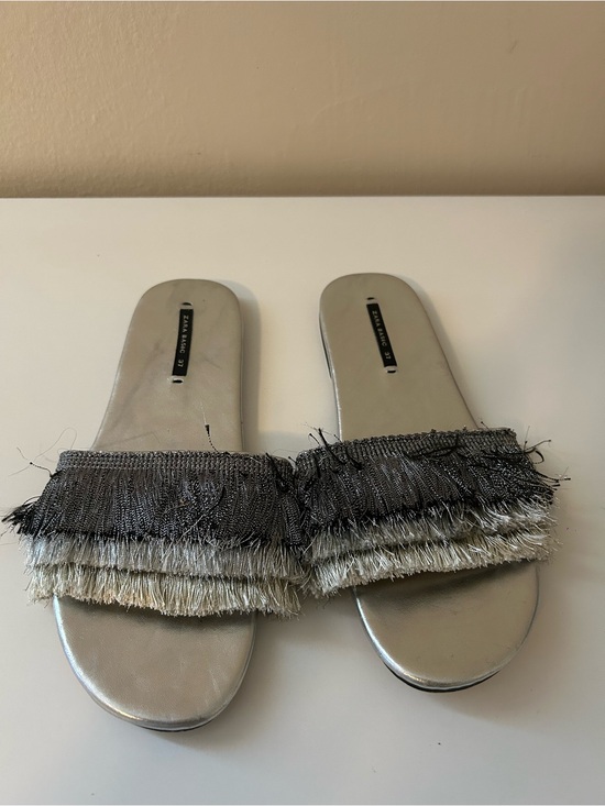Zara Shoes - Zara Silver Metallic Fringe Slide Sandals